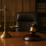 A close-up of a decorative golden balance scale and a wooden gavel on a polished desk, symbolizing legal matters.